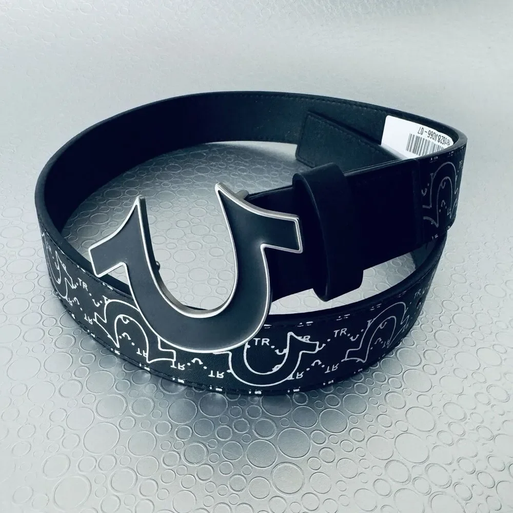 True Religion Mens 32 Black Silver Horseshoe Monogram Belt Y2K Streetwear NWT
